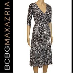 BCBGMaxazria Midi Hi-Lo Casual Dress‎ Beige & Black Pattern 3/4 Sleeves Sz Small